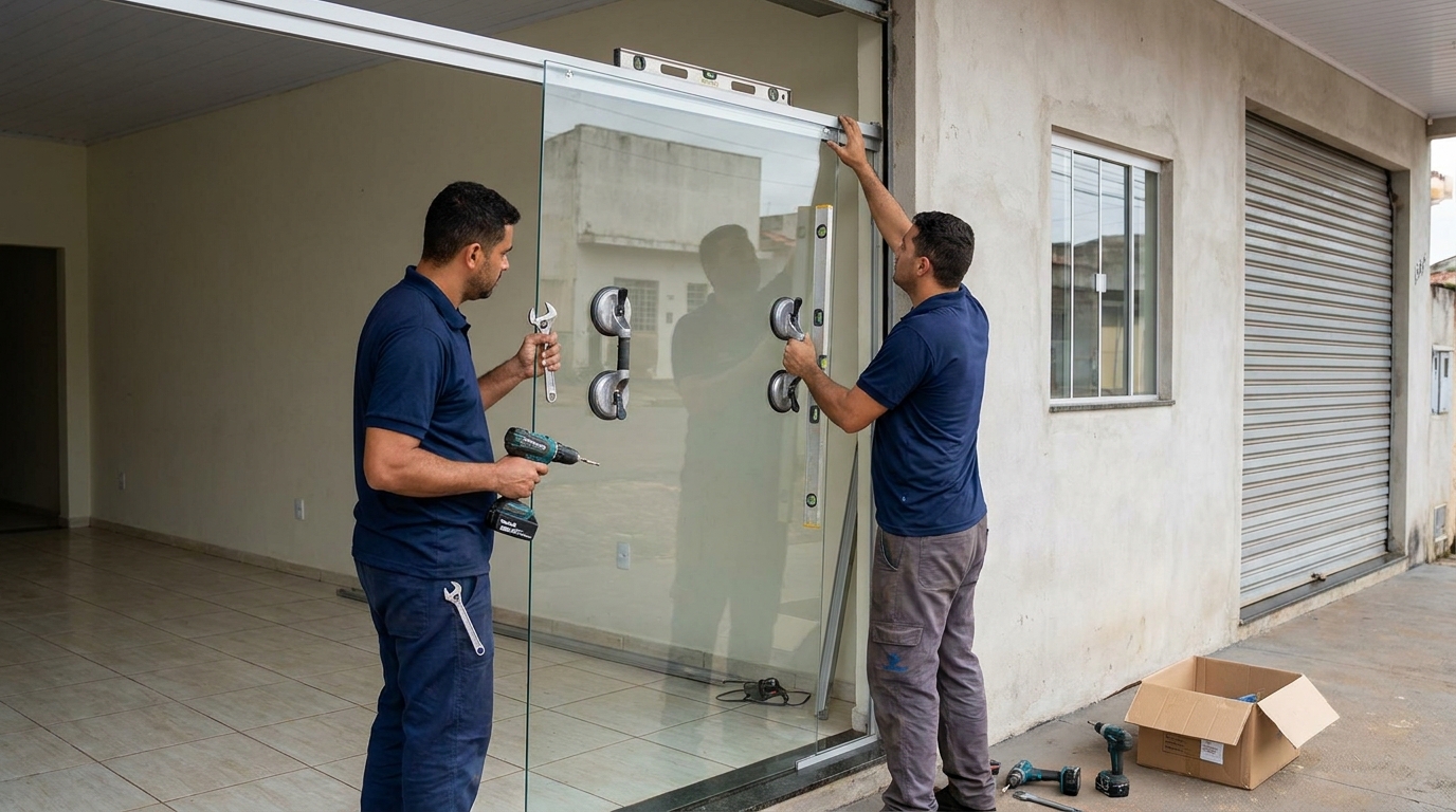 Equipe profissional instalando porta de vidro em Maceió-AL